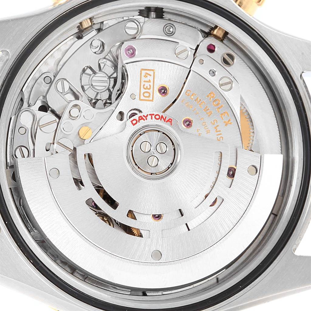 This image shows the movement mechanism of a Rolex Daytona 116523 Men's Steel and Gold (two tone) White Dial 116523 Men's Steel and Gold (two tone) White Dial watch from a close-up, rear view angle.