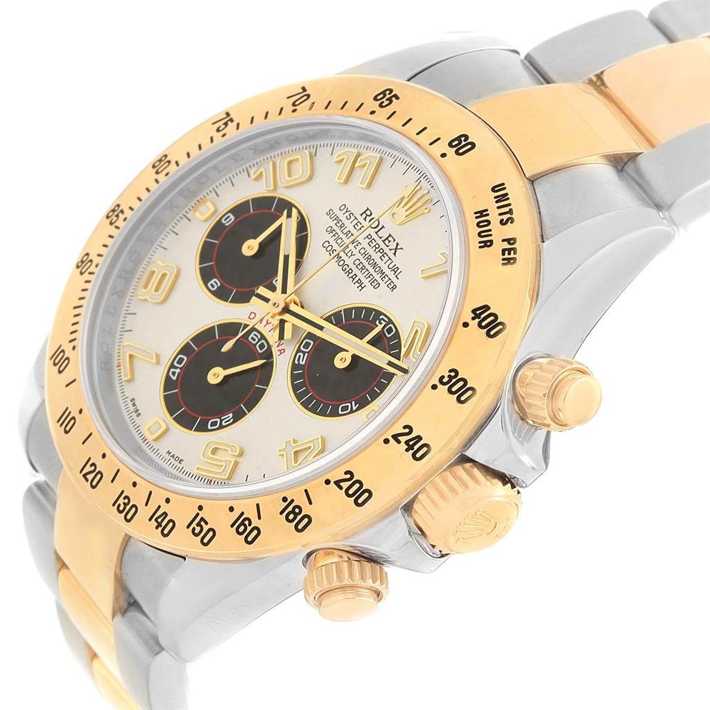 The image shows a close-up of the Rolex Daytona 116523 Men's Steel and Gold (two tone) White Dial 116523 Men's Steel and Gold (two tone) White Dial model watch, highlighting the face, bezel, and crown.