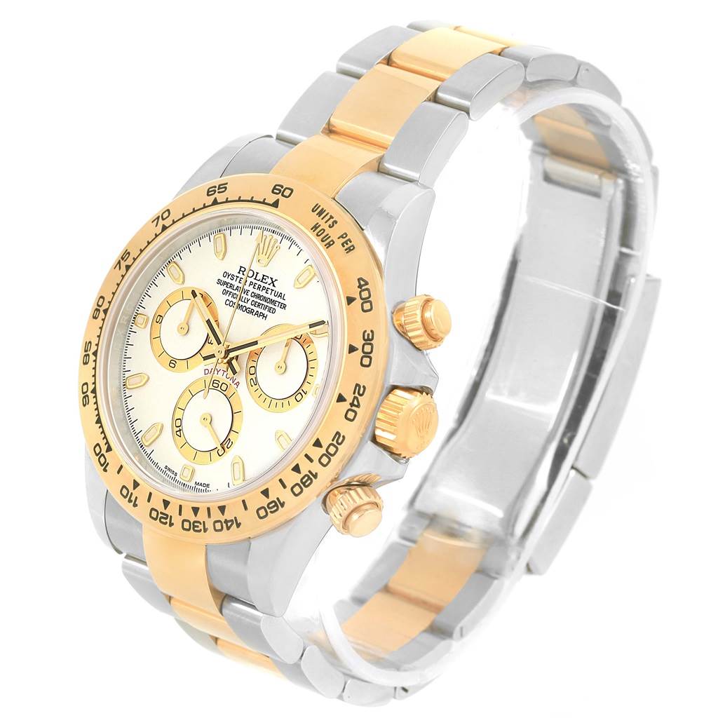 The image shows a Rolex Daytona 116523 Men's Steel and Gold (two tone) White Dial 116523 Men's Steel and Gold (two tone) White Dial watch from a three-quarter angle, highlighting the dial, bezel, case, crown, and bracelet.