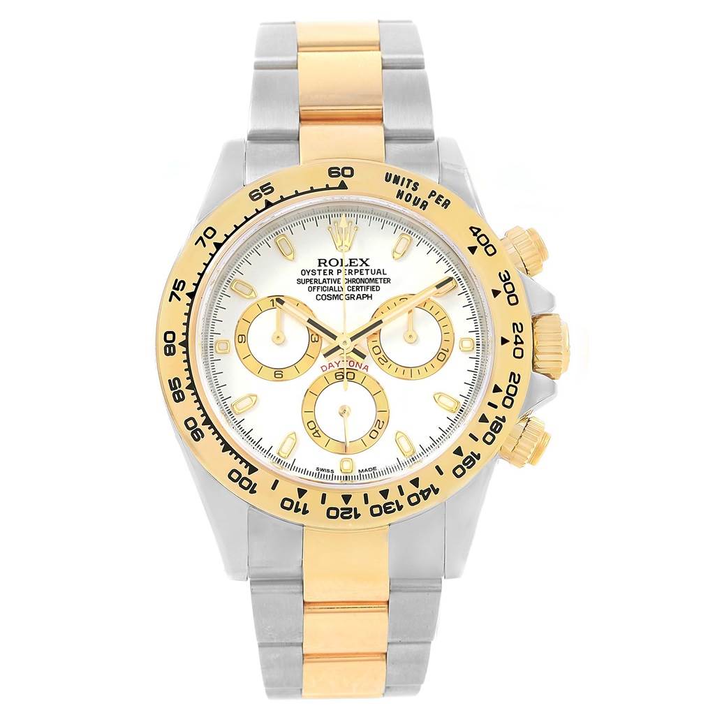 The image shows a Rolex Daytona 116523 Men's Steel and Gold (two tone) White Dial 116523 Men's Steel and Gold (two tone) White Dial watch from a front angle, displaying its face, bezel, and bracelet.
