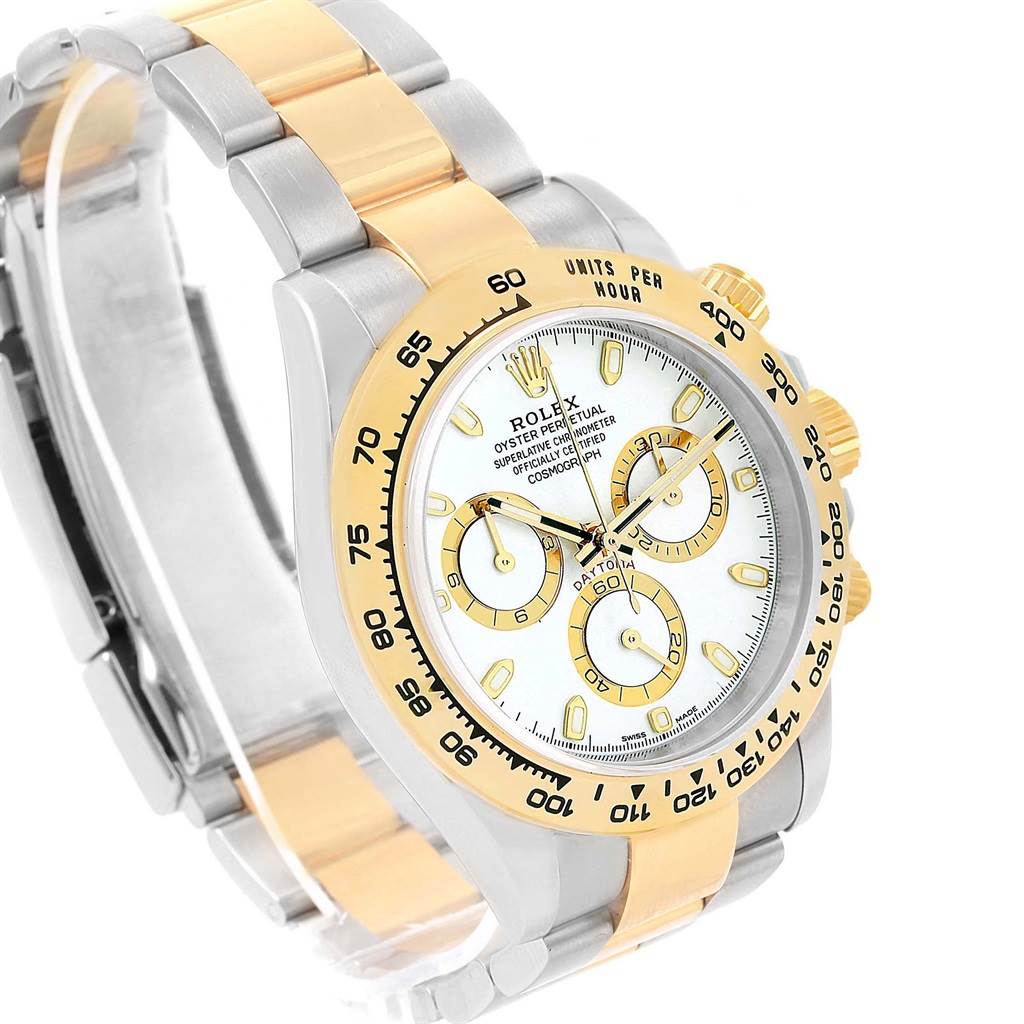 The image shows a Rolex Daytona 116523 Men's Steel and Gold (two tone) White Dial 116523 Men's Steel and Gold (two tone) White Dial watch at a three-quarter angle, highlighting the face, bezel, chronograph dials, and two-tone band.