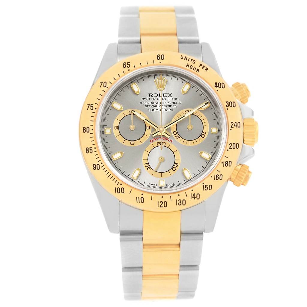 The image shows a frontal view of the Rolex Daytona 116523 Men's Steel and Gold (two tone) Grey Dial 116523 Men's Steel and Gold (two tone) Grey Dial watch, featuring a two-tone metal band and a gold bezel with three sub-dials.