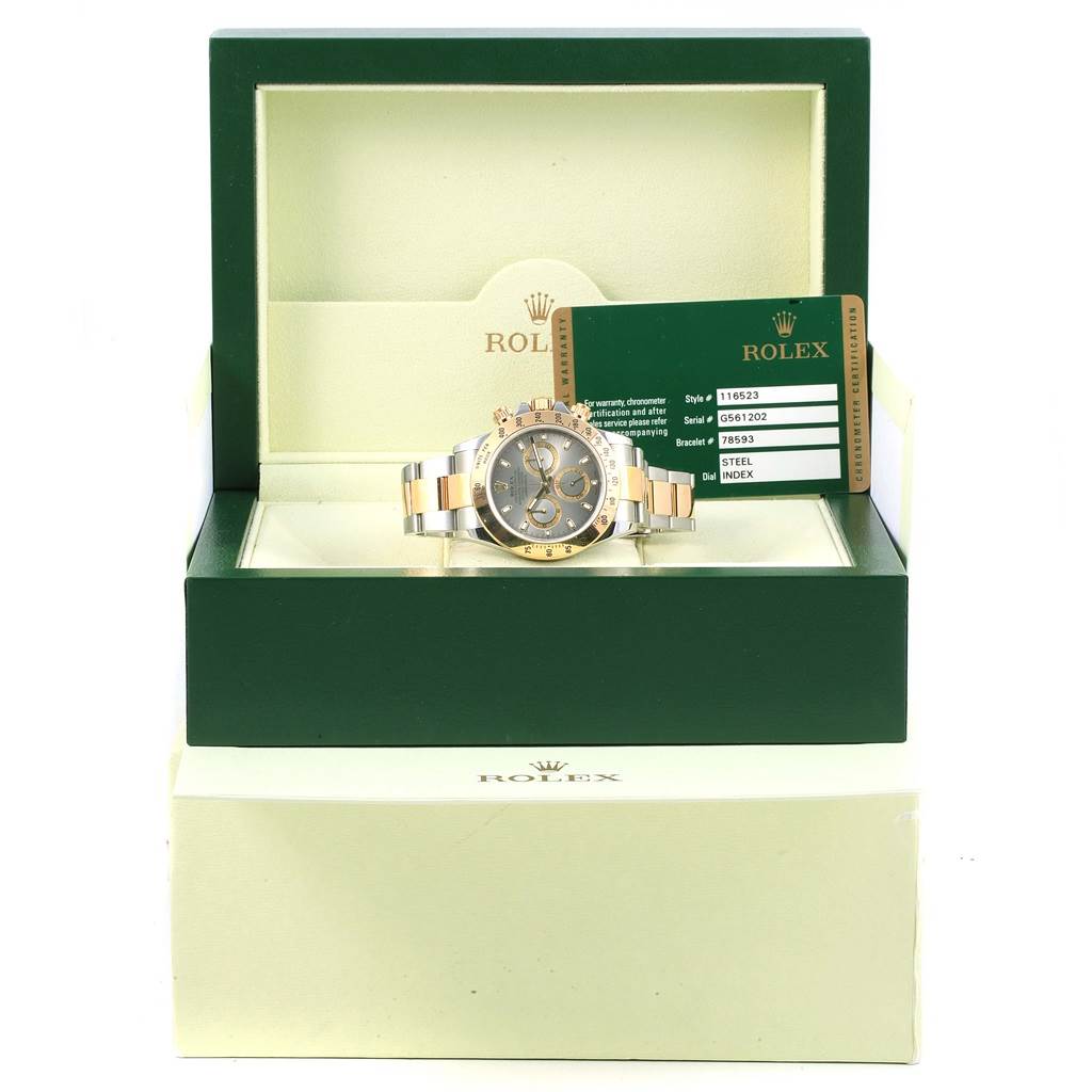 The image shows the front view of a Rolex Daytona 116523 Men's Steel and Gold (two tone) Grey Dial 116523 Men's Steel and Gold (two tone) Grey Dial watch in its box with an accompanying authenticity card.