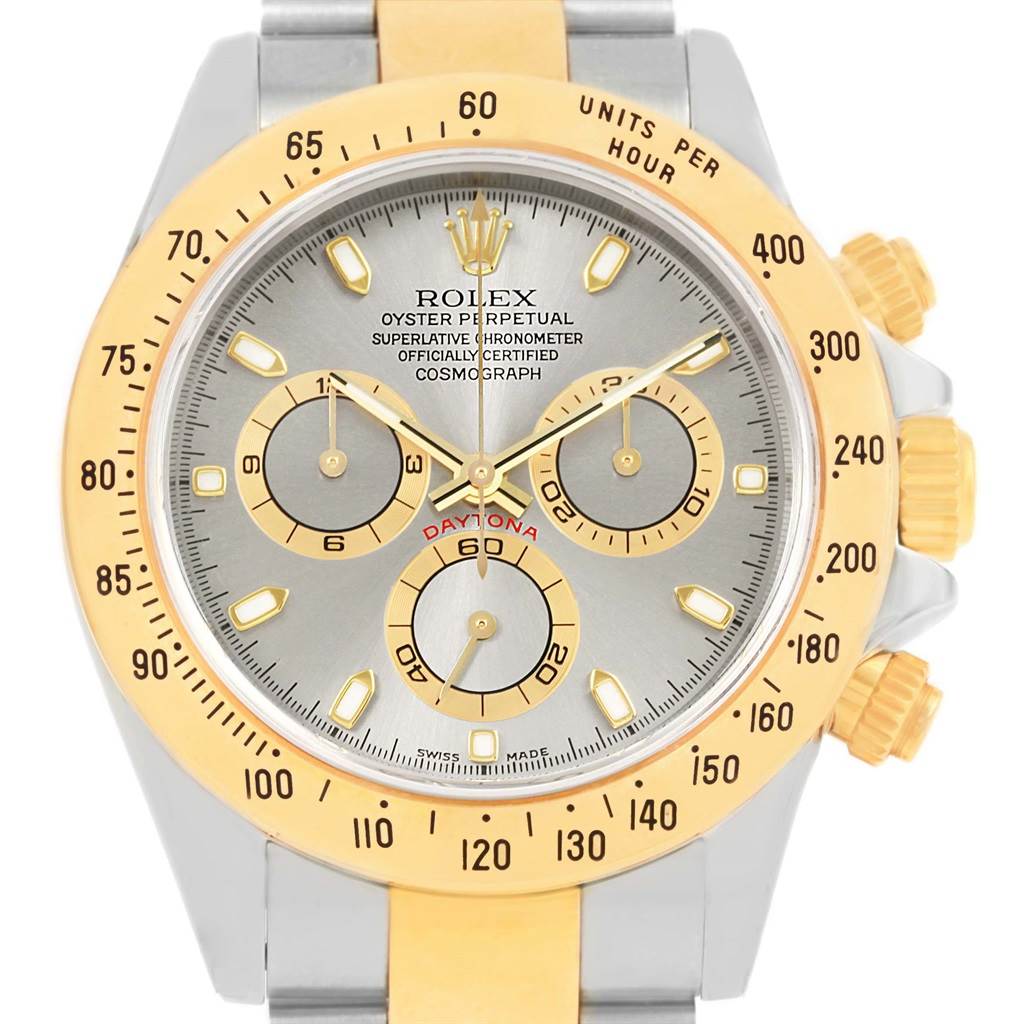 The image shows a front view of a Rolex Daytona 116523 Men's Steel and Gold (two tone) Grey Dial 116523 Men's Steel and Gold (two tone) Grey Dial watch, highlighting the dial, chronograph subdials, and bezel.