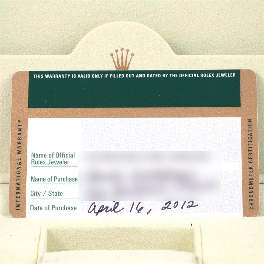 The image shows the warranty card for a Rolex Daytona 116523 Men's Steel and Gold (two tone) Grey Dial 116523 Men's Steel and Gold (two tone) Grey Dial watch, featuring purchase details and official jeweler information.