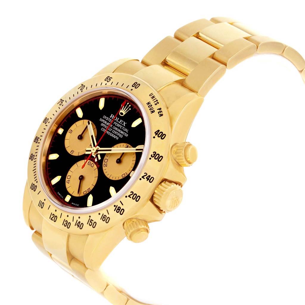 The image shows a side angle of a Rolex Daytona 116528 Men's Yellow Gold Black Dial 116528 Men's Yellow Gold Black Dial watch, highlighting the dial, bezel, crown, and pushers.