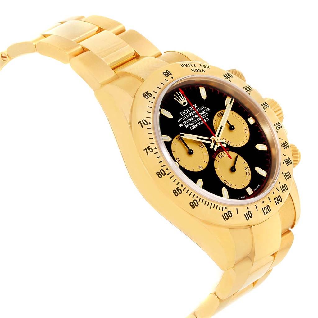 The image shows a side angle of a Rolex Daytona 116528 Men's Yellow Gold Black Dial 116528 Men's Yellow Gold Black Dial watch, highlighting its bezel, dial, case, and golden bracelet.