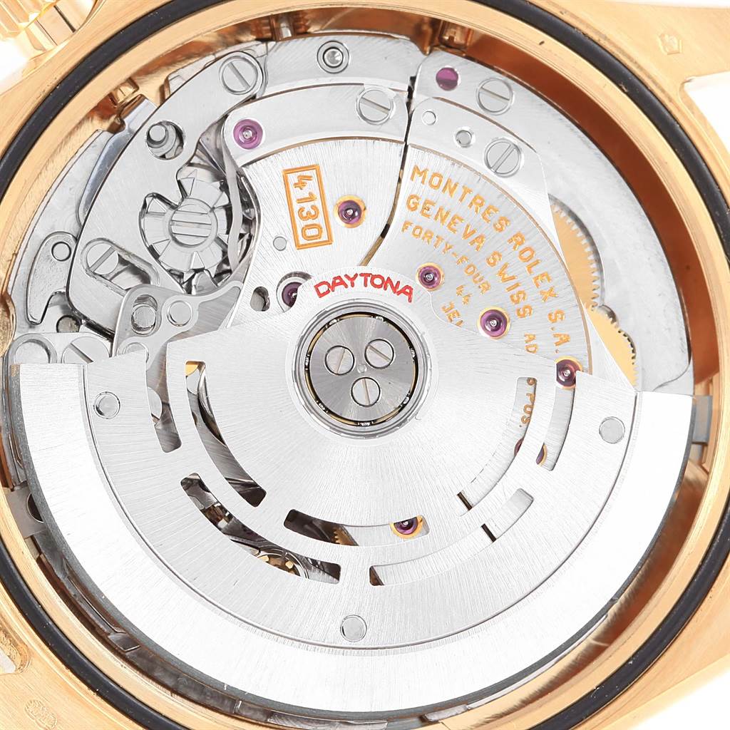 This image shows the movement mechanism of a Rolex Daytona 116528 Men's Yellow Gold Black Dial 116528 Men's Yellow Gold Black Dial watch from the back angle.