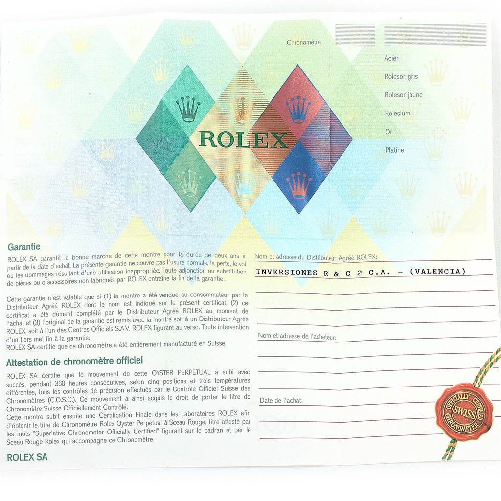 The image shows the warranty card and official certificate for the Rolex Daytona 116528 Men's Yellow Gold Black Dial 116528 Men's Yellow Gold Black Dial watch model.