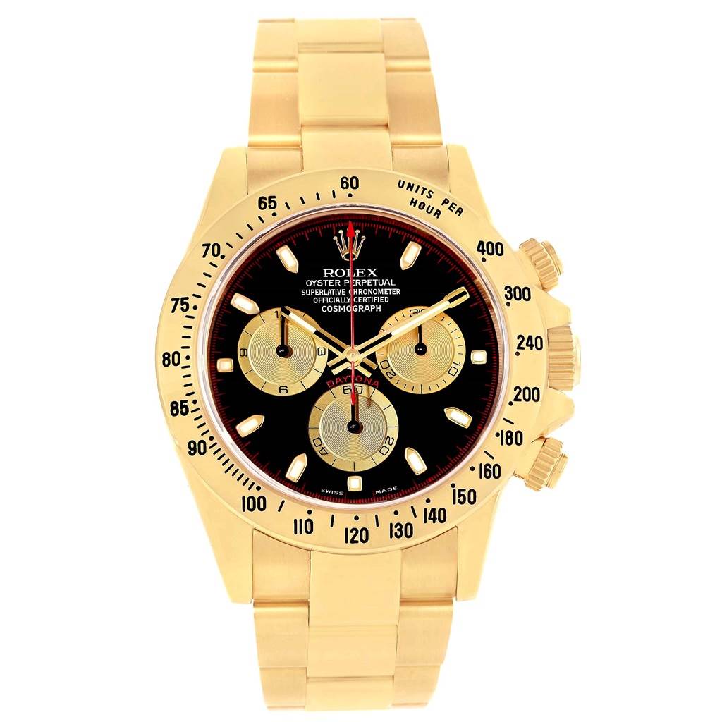 This is a front view of a gold Rolex Daytona 116528 Men's Yellow Gold Black Dial 116528 Men's Yellow Gold Black Dial watch showing the dial, chronograph subdials, bezel, and bracelet.