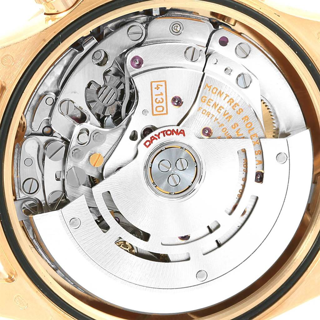 The image shows the movement and mechanism of a Rolex Daytona 116528 Men's Yellow Gold White Dial 116528 Men's Yellow Gold White Dial watch from the back.