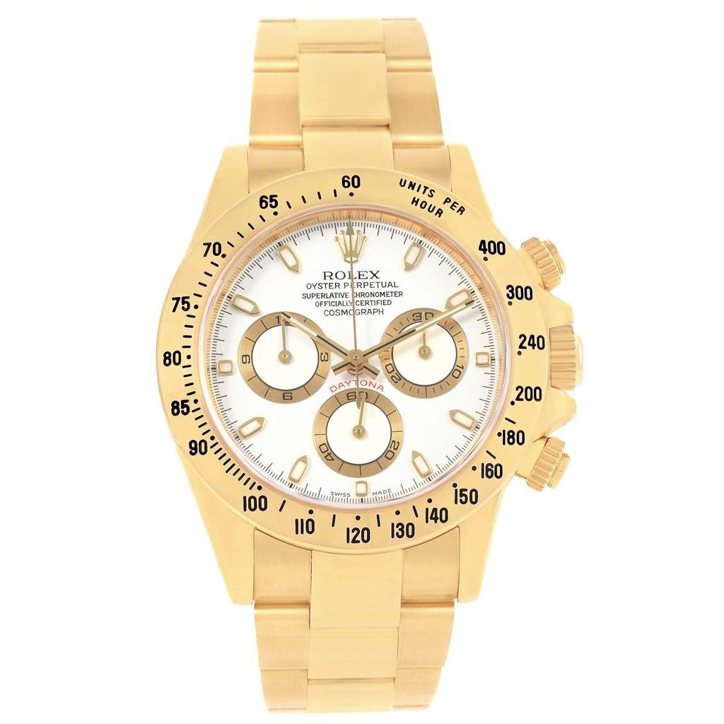 The image showcases the front view of the Rolex Daytona 116528 Men's Yellow Gold White Dial 116528 Men's Yellow Gold White Dial watch, highlighting its dial, bezel, and strap.
