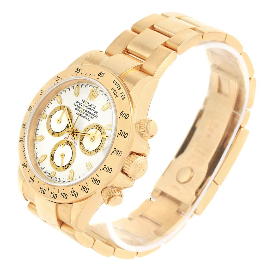 The image shows a Rolex Daytona 116528 Men's Yellow Gold White Dial 116528 Men's Yellow Gold White Dial watch at a slight angle, highlighting the face, bezel, bracelet, and side buttons.