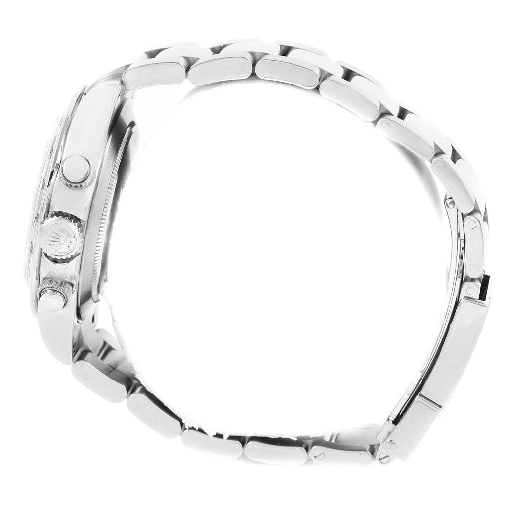 The image shows a side view of the Rolex Daytona 116520 Men's Stainless Steel Black Dial 116520 Men's Stainless Steel Black Dial watch, highlighting the bracelet, clasp, and side buttons.