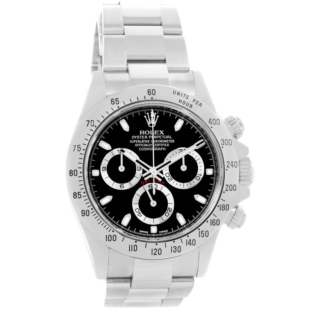 This image shows a front view of a Rolex Daytona 116520 Men's Stainless Steel Black Dial 116520 Men's Stainless Steel Black Dial watch, highlighting its dial, bezel, and bracelet.