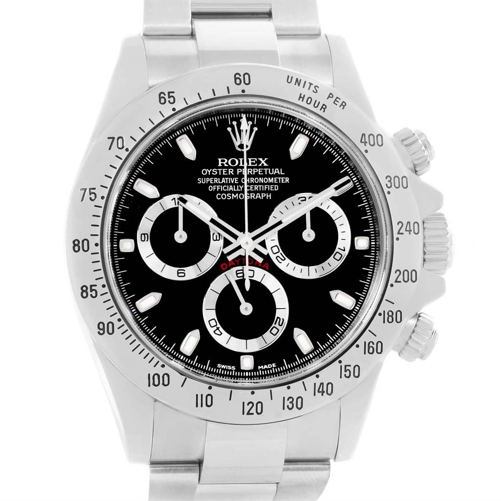 This image shows a close-up, front view of the Rolex Daytona 116520 Men's Stainless Steel Black Dial 116520 Men's Stainless Steel Black Dial watch, displaying its dial, bezel, and chronograph sub-dials.