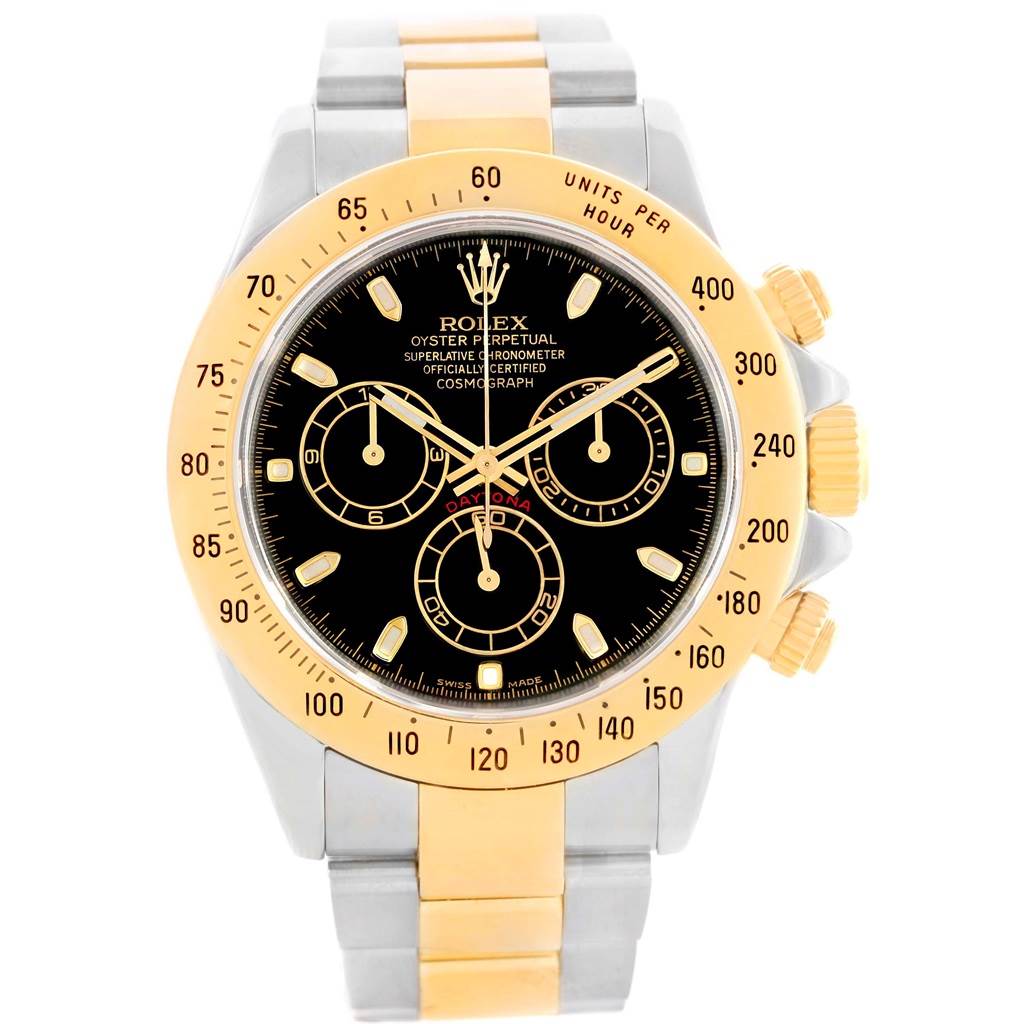 This image shows a Rolex Daytona 116523 Men's Steel and Gold (two tone) Black Dial 116523 Men's Steel and Gold (two tone) Black Dial watch from a front view, highlighting the dial, bezel, and bracelet.