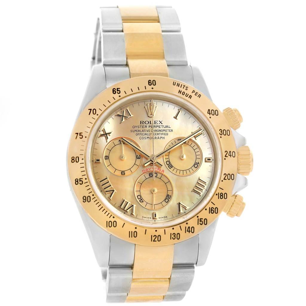 This image shows a frontal view of the Rolex Daytona 116523 Men's Steel and Gold (two tone) Mother of Pearl Dial 116523 Men's Steel and Gold (two tone) Mother of Pearl Dial watch, highlighting its dial, bezel, and bracelet.