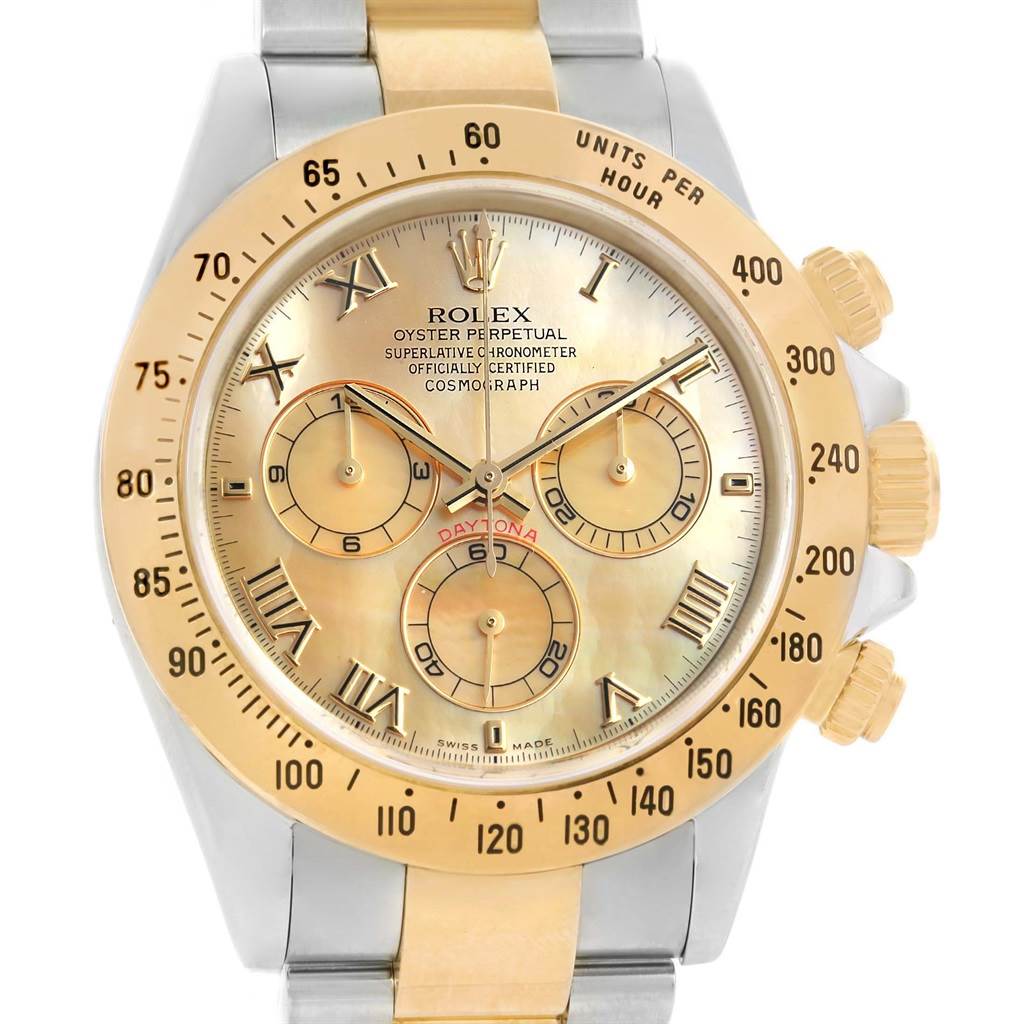 This image shows a front view of a Rolex Daytona 116523 Men's Steel and Gold (two tone) Mother of Pearl Dial 116523 Men's Steel and Gold (two tone) Mother of Pearl Dial watch, highlighting the gold bezel, dial, and subdials.