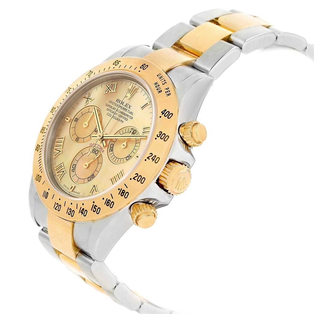 The Rolex Daytona 116523 Men's Steel and Gold (two tone) Mother of Pearl Dial 116523 Men's Steel and Gold (two tone) Mother of Pearl Dial watch is shown at a side angle, displaying its face, bezel, crown, and part of the bracelet.