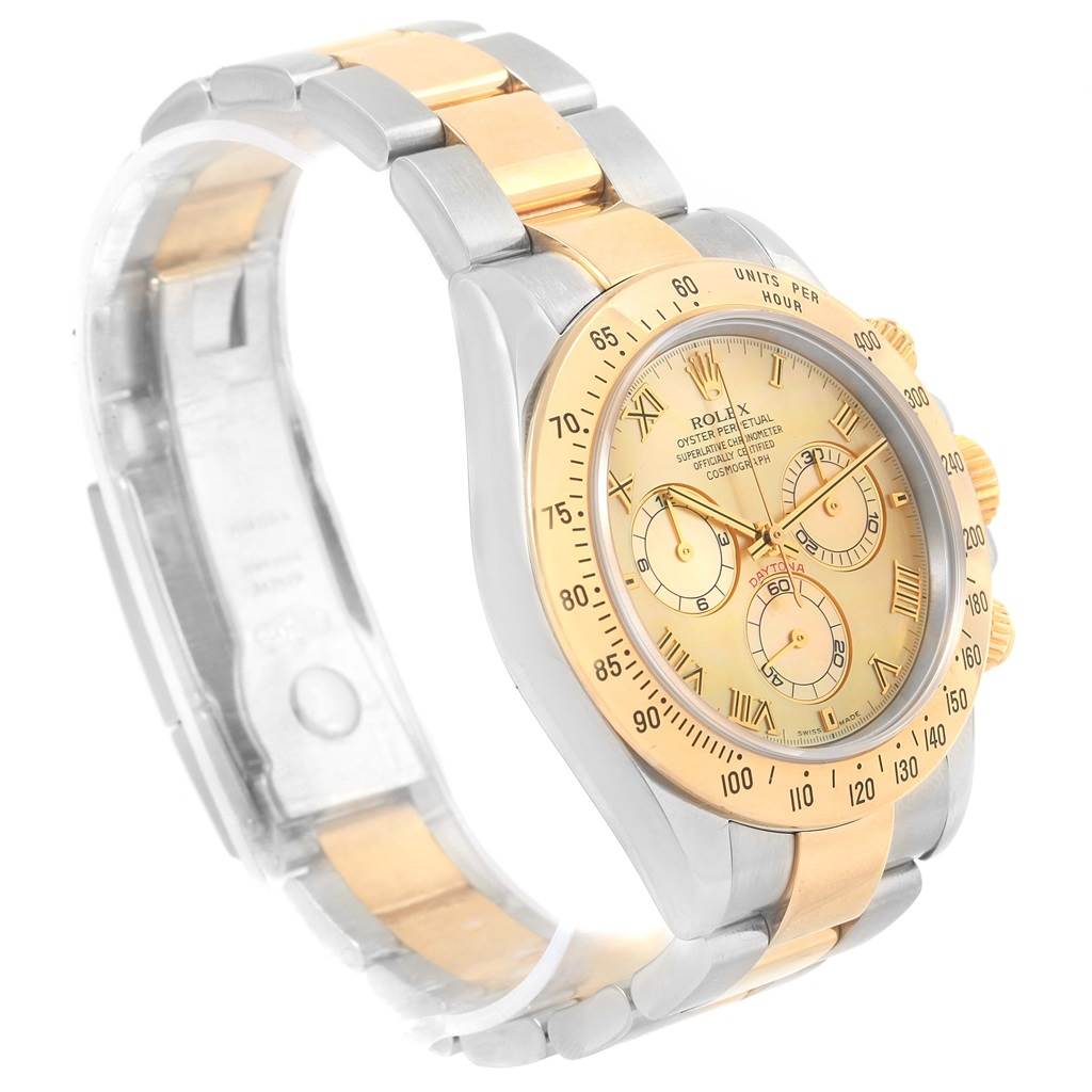 The image shows a side and front view of a Rolex Daytona 116523 Men's Steel and Gold (two tone) Mother of Pearl Dial 116523 Men's Steel and Gold (two tone) Mother of Pearl Dial watch, highlighting its gold dial and two-tone band.