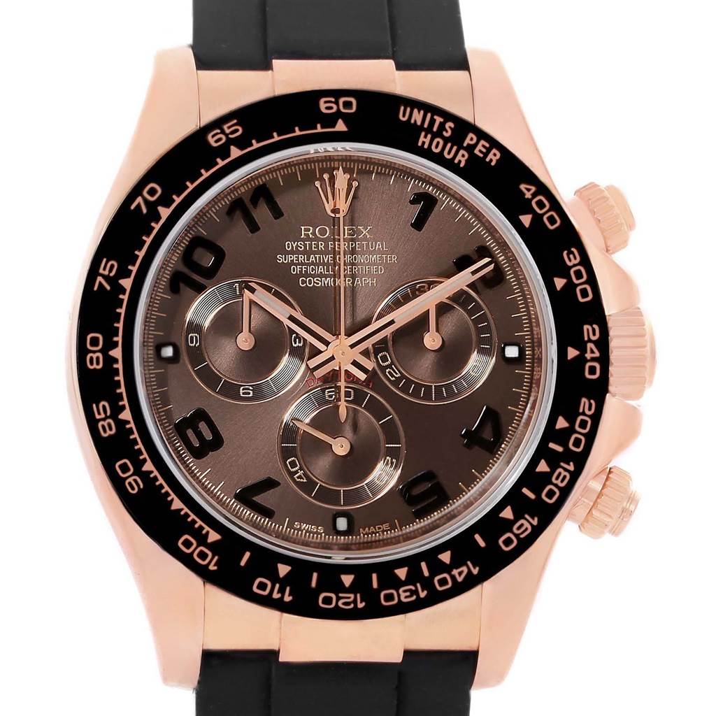 The image shows a frontal view of a Rolex Daytona 116515 Men's Rose Gold Brown Dial 116515 Men's Rose Gold Brown Dial watch with a black bezel and rubber strap, highlighting its dial, sub-dials, and markers.