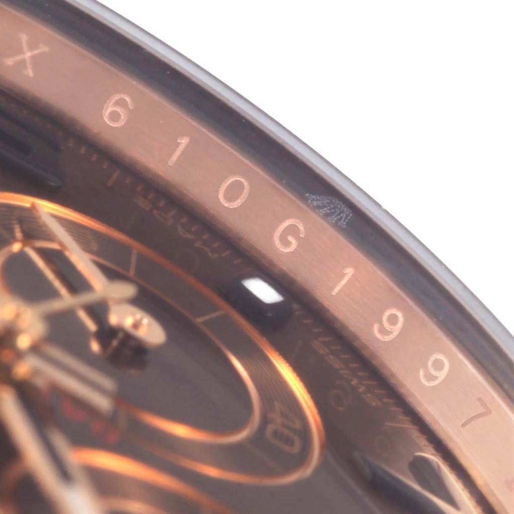 This image shows a close-up angle of the dial and bezel, highlighting the numerals on a Rolex Daytona 116515 Men's Rose Gold Brown Dial 116515 Men's Rose Gold Brown Dial watch.