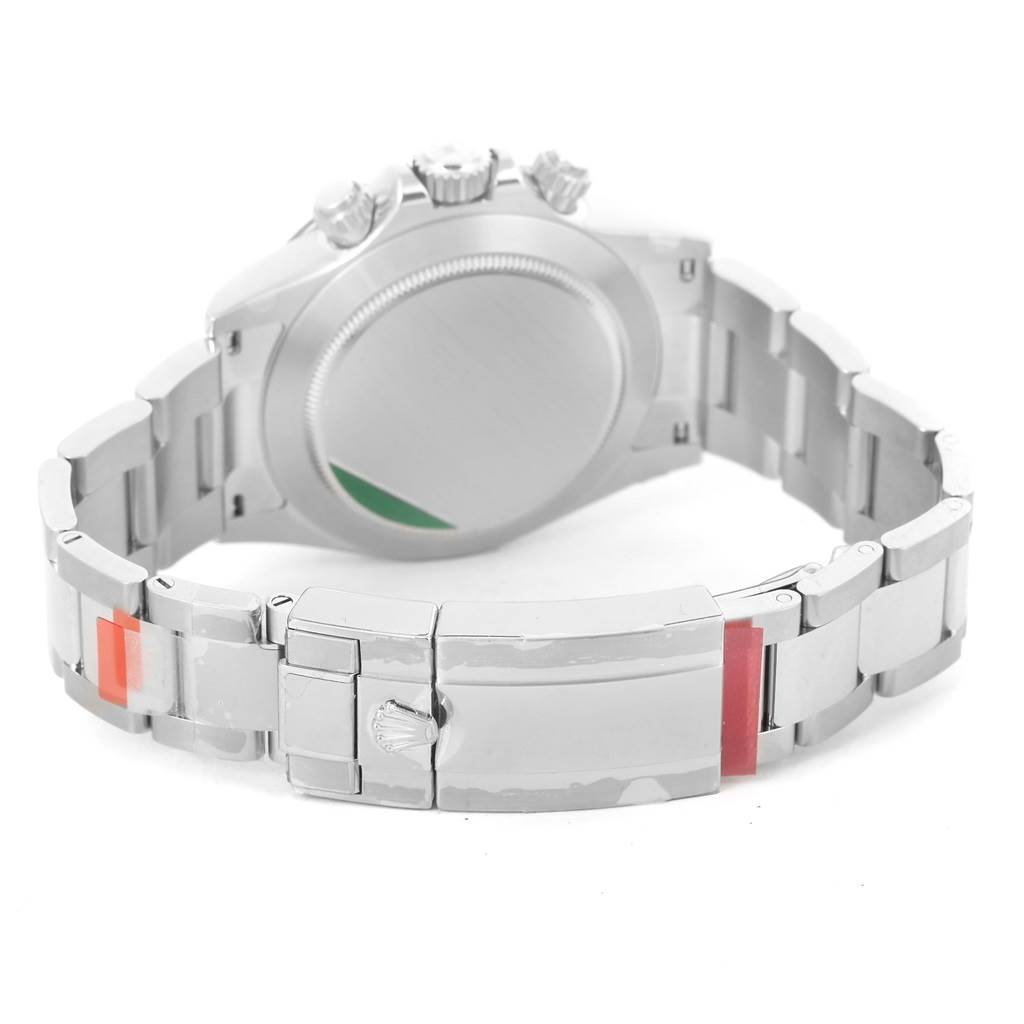 The image shows the back view of a Rolex Daytona 116500 Men's Stainless Steel White Dial 116500 Men's Stainless Steel White Dial watch, highlighting the bracelet, clasp, and case back.