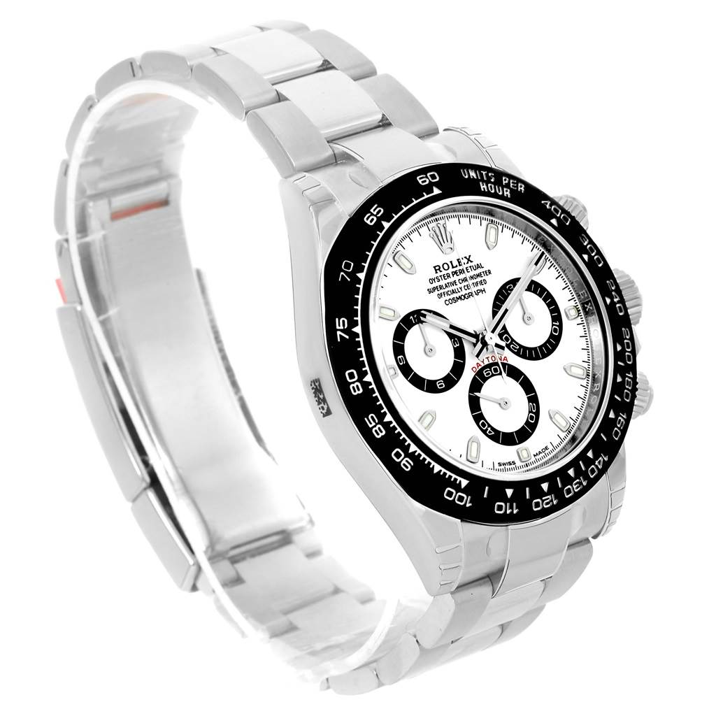 The image shows a Rolex Daytona 116500 Men's Stainless Steel White Dial 116500 Men's Stainless Steel White Dial watch from a front angle, highlighting the dial, bezel, and bracelet.