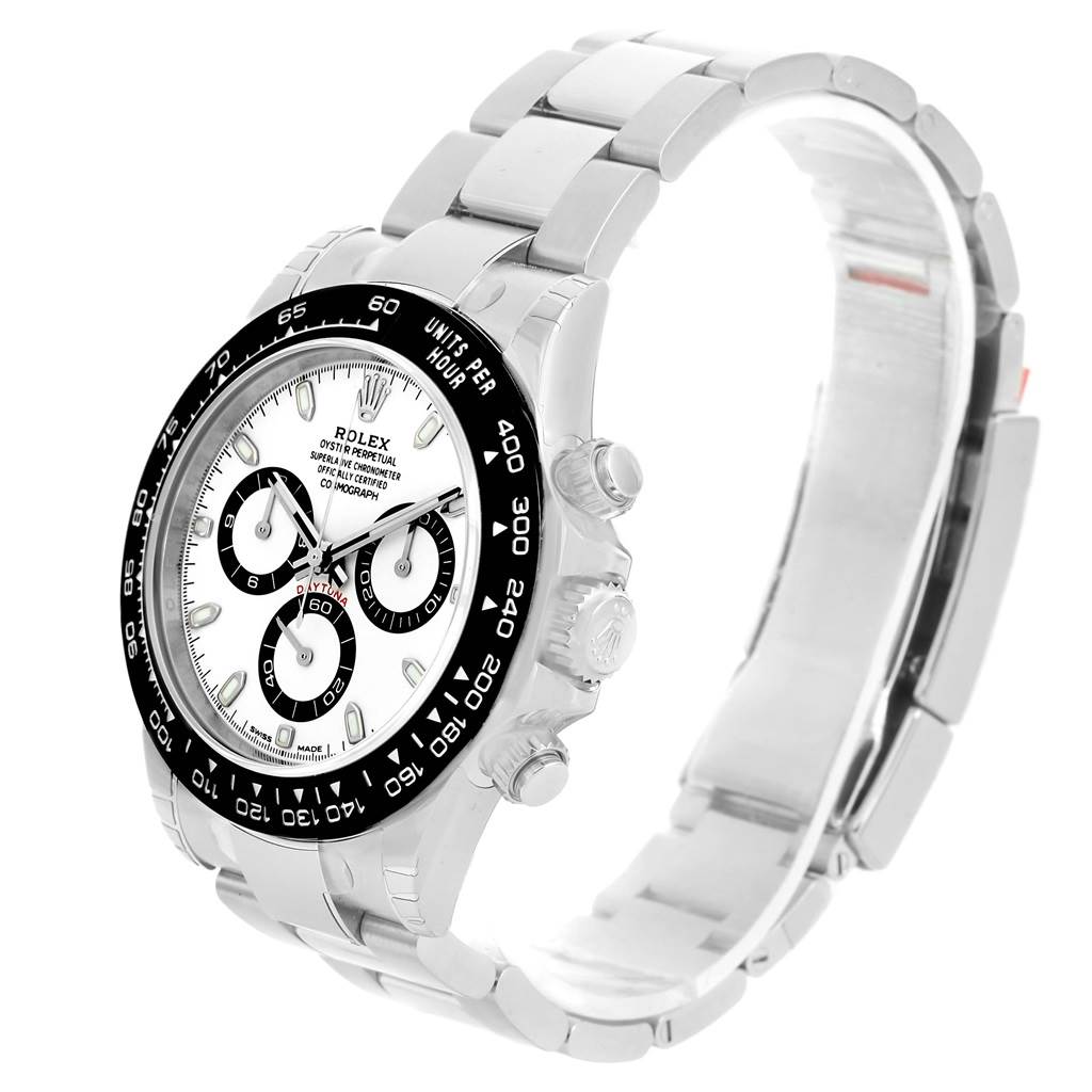 The image shows a front-side view of a Rolex Daytona 116500 Men's Stainless Steel White Dial 116500 Men's Stainless Steel White Dial watch, highlighting the dial, bezel, and bracelet.