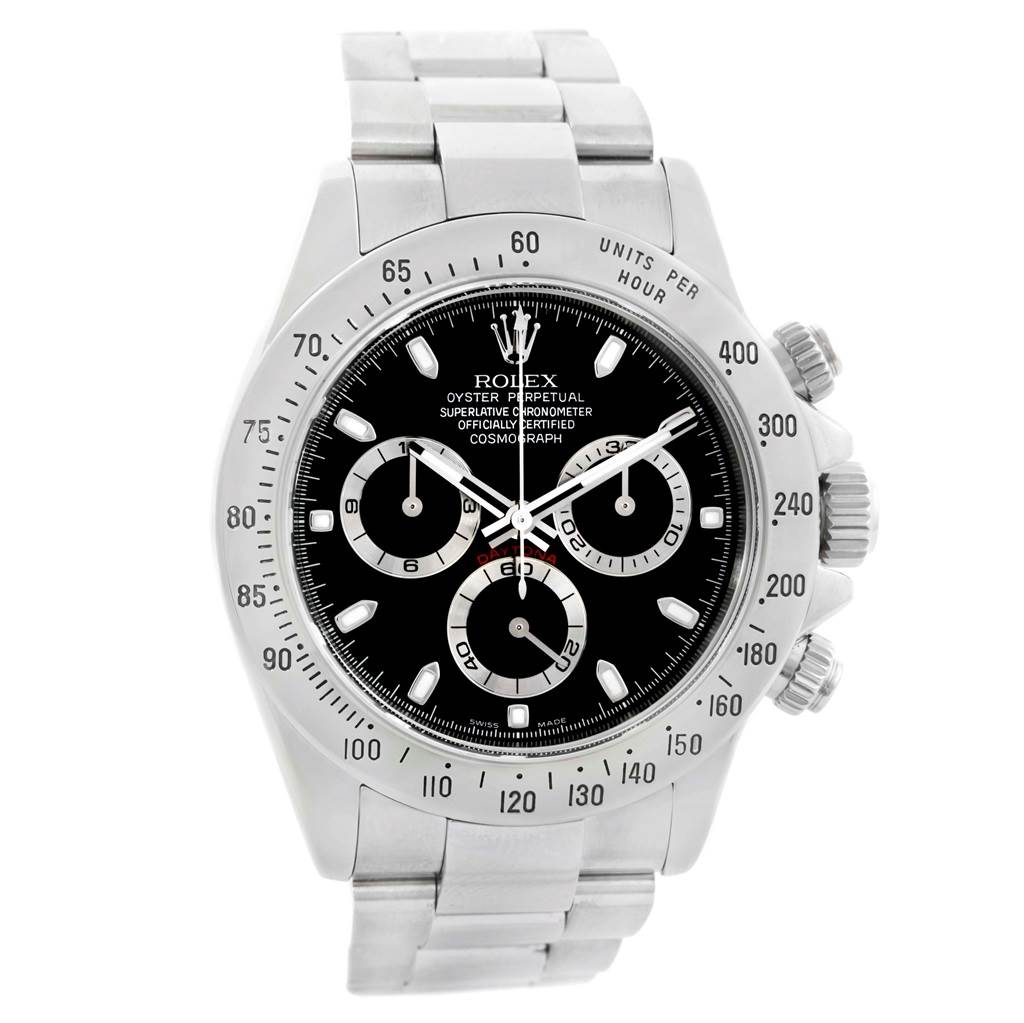 The Rolex Daytona 116520 Men's Stainless Steel Black Dial 116520 Men's Stainless Steel Black Dial watch is shown from the front angle, displaying its black dial, three subdials, and stainless steel bracelet.