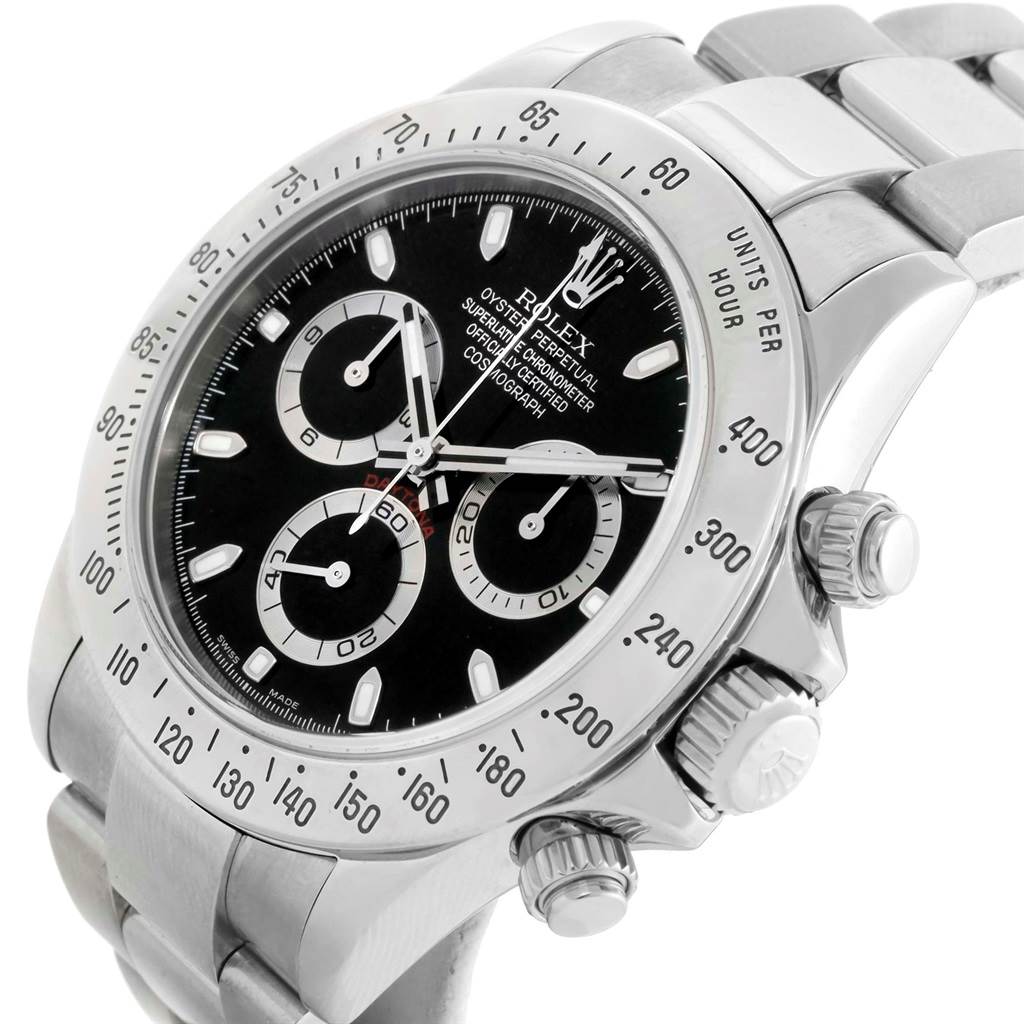 The image shows a Rolex Daytona 116520 Men's Stainless Steel Black Dial 116520 Men's Stainless Steel Black Dial watch at a slight side angle, highlighting its dial, bezel, and chronograph pushers.