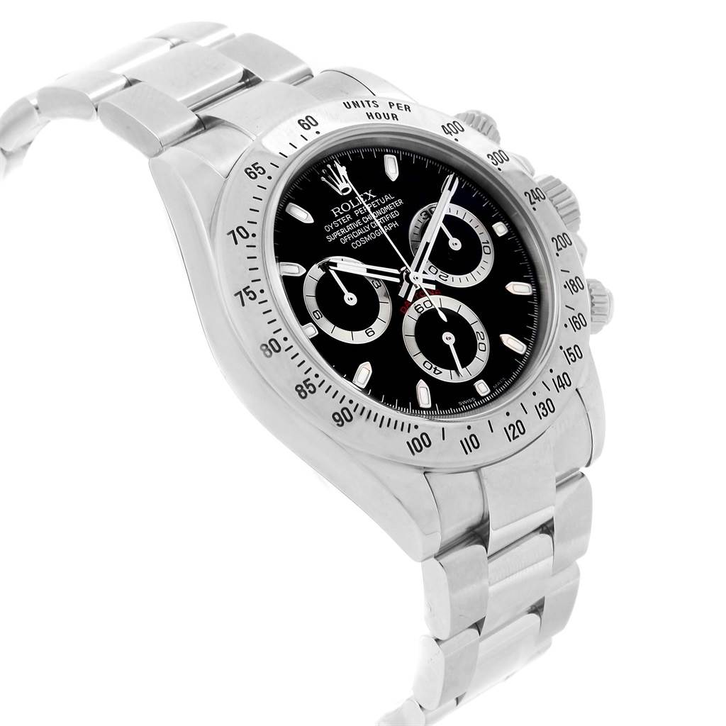 The Rolex Daytona 116520 Men's Stainless Steel Black Dial 116520 Men's Stainless Steel Black Dial watch is shown at a three-quarter angle, featuring its black dial, chronograph sub-dials, bezel, and stainless steel bracelet.