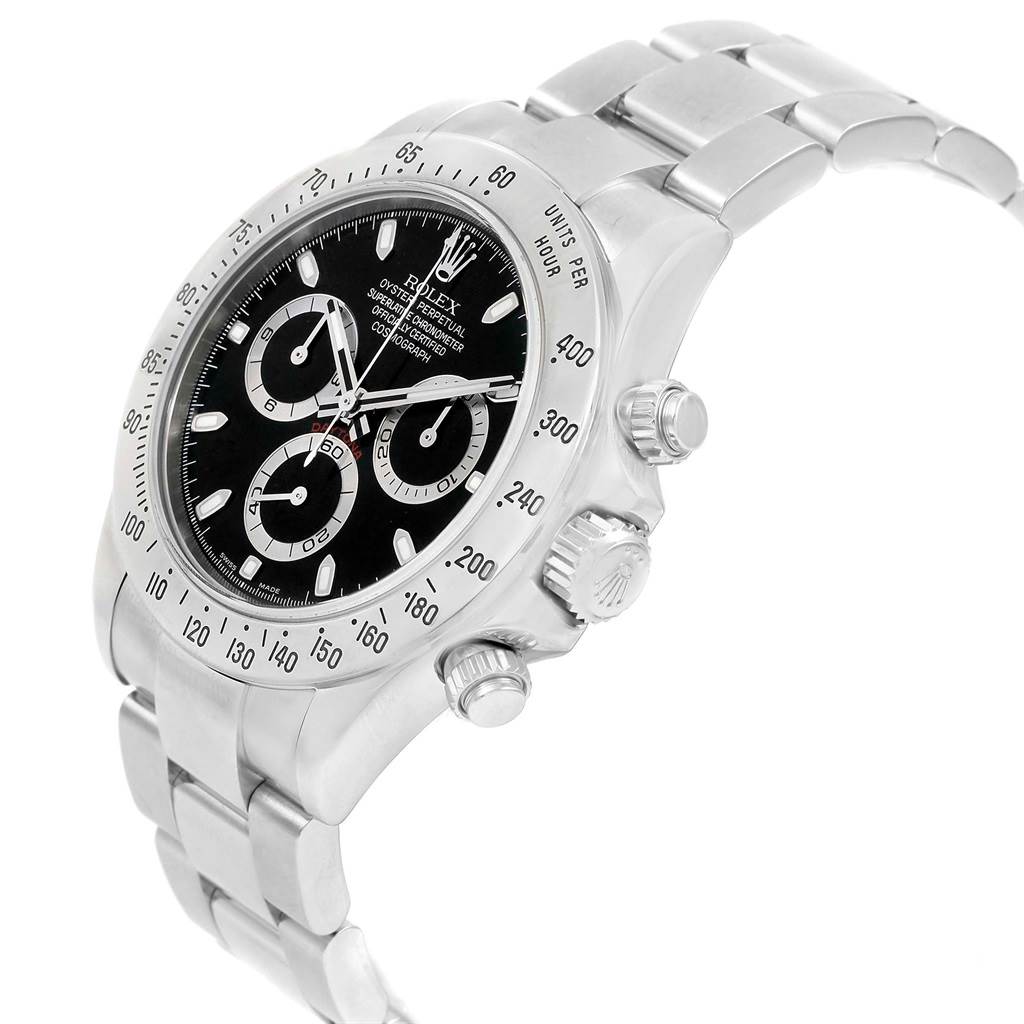 The image shows a side angle of a Rolex Daytona 116520 Men's Stainless Steel Black Dial 116520 Men's Stainless Steel Black Dial watch, highlighting the face, bezel, crown, and bracelet.
