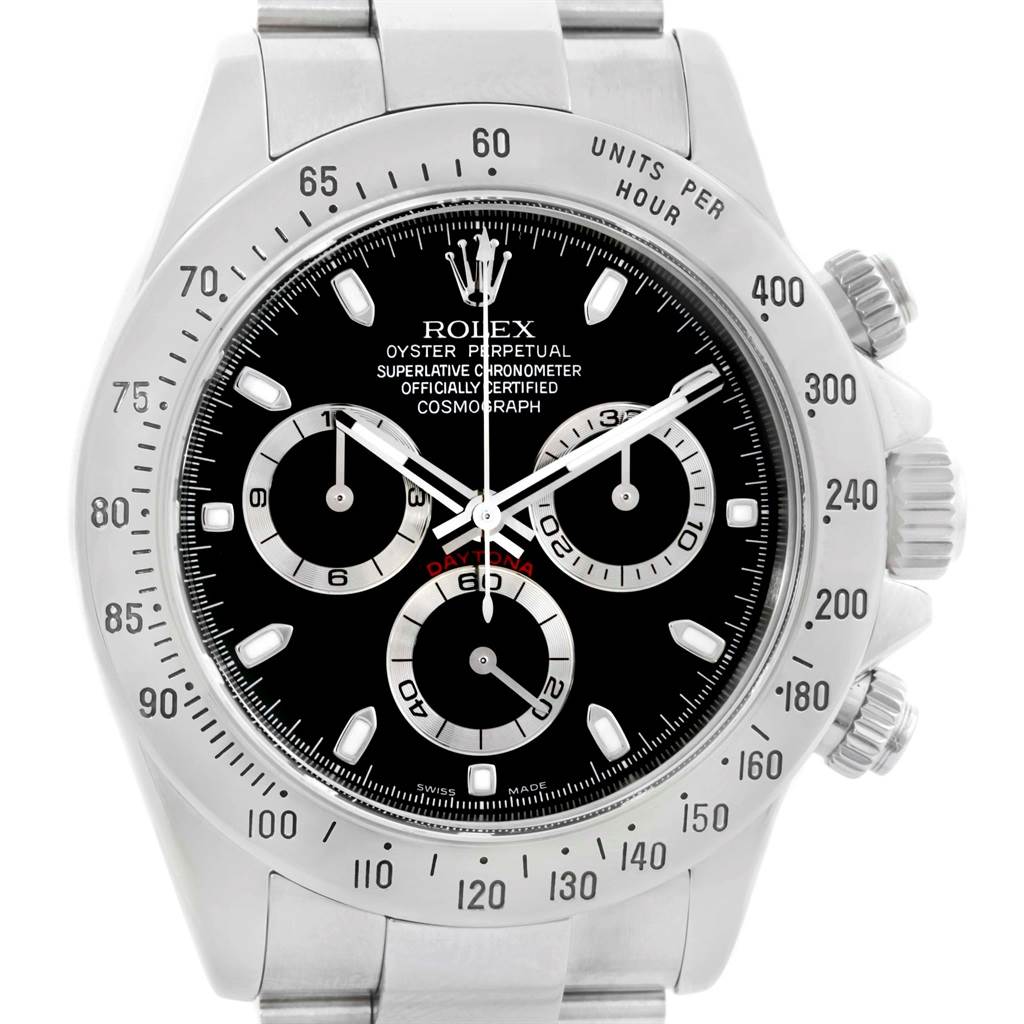 This Rolex Daytona 116520 Men's Stainless Steel Black Dial 116520 Men's Stainless Steel Black Dial model watch is shown from a front angle, highlighting its face, bezel, and push buttons.