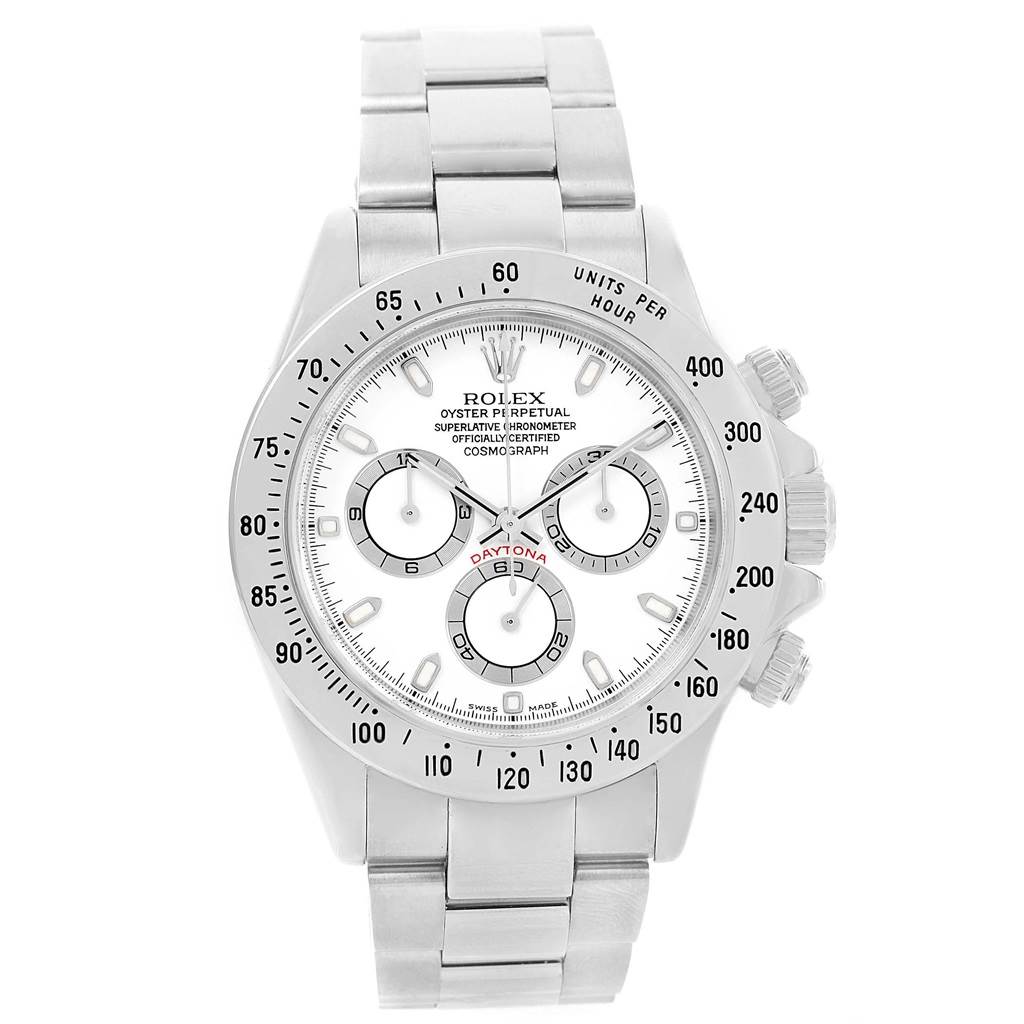 The Rolex Daytona 116520 Men's Stainless Steel White Dial 116520 Men's Stainless Steel White Dial watch is shown from the front, displaying the dial, bezel, and chronograph subdials.