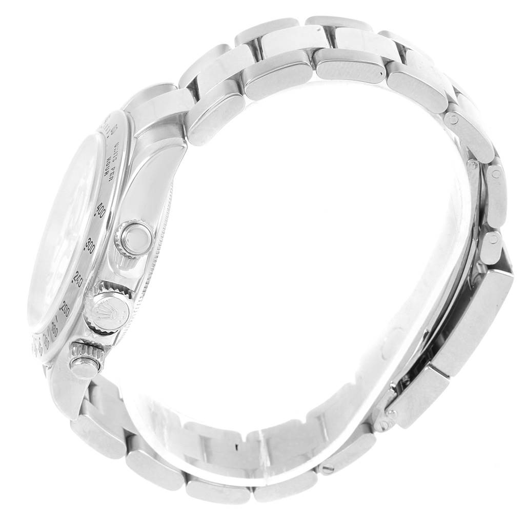 This side-angle view of the Rolex Daytona 116520 Men's Stainless Steel White Dial 116520 Men's Stainless Steel White Dial watch highlights the crown, pushers, and part of the bracelet.