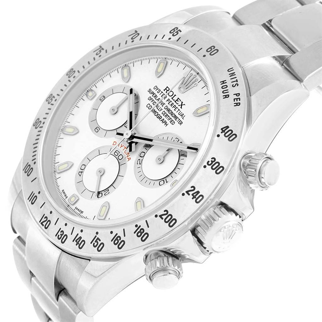 This image shows a close-up angle of a Rolex Daytona 116520 Men's Stainless Steel White Dial 116520 Men's Stainless Steel White Dial watch, highlighting its bezel, dial, and chronograph buttons.