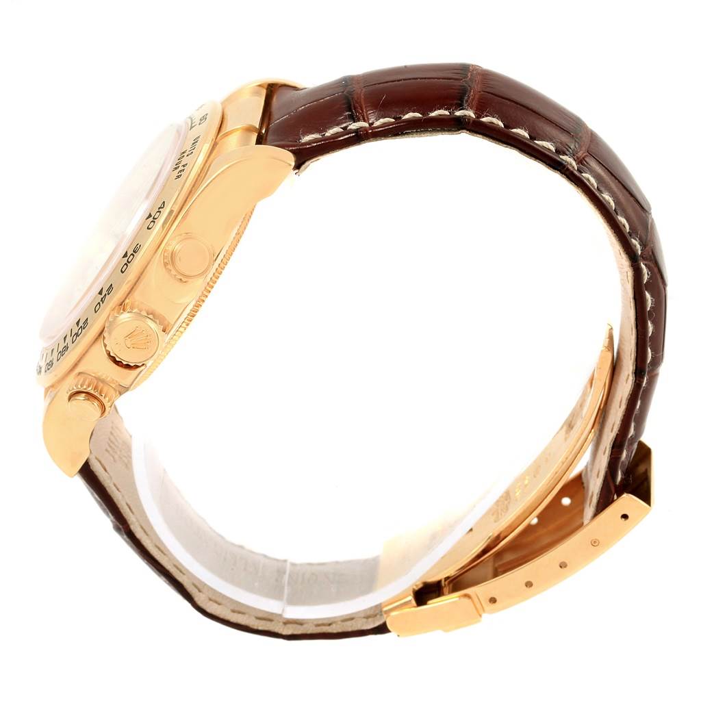 The image shows a side view of a Rolex Daytona 116518 Men's Stainless Steel Mother of Pearl Dial 116518 Men's Stainless Steel Mother of Pearl Dial watch, highlighting the case, push buttons, and leather strap.