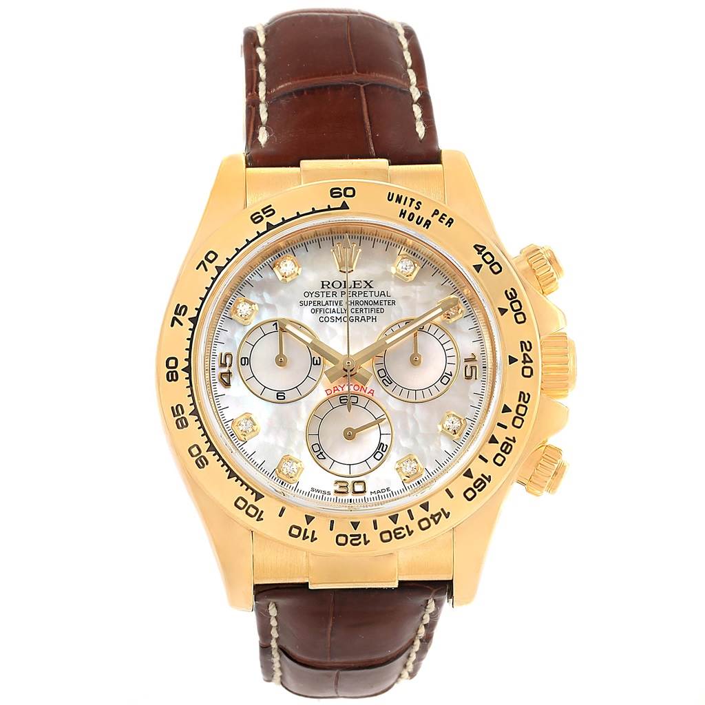 The image shows a front view of a Rolex Daytona 116518 Men's Stainless Steel Mother of Pearl Dial 116518 Men's Stainless Steel Mother of Pearl Dial watch, highlighting its dial, bezel, and leather strap.