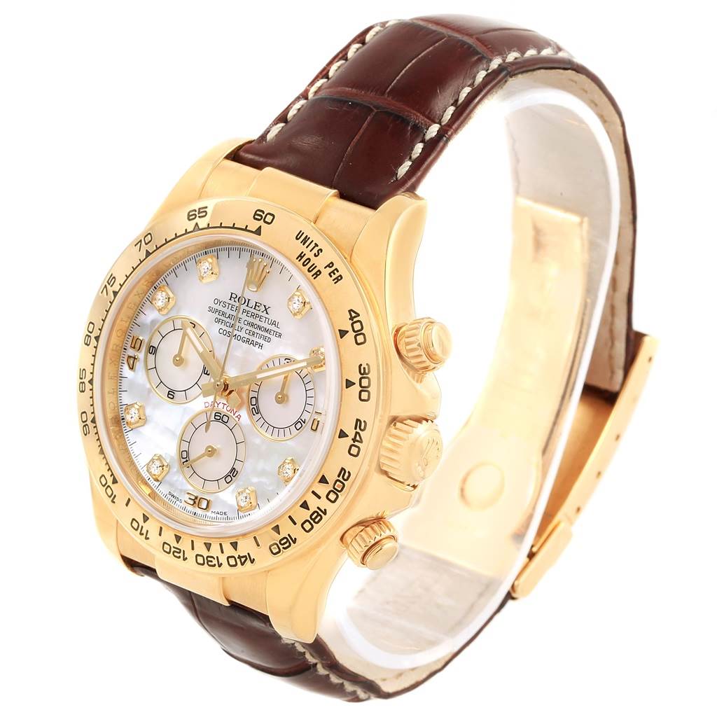 The image shows a Rolex Daytona 116518 Men's Stainless Steel Mother of Pearl Dial 116518 Men's Stainless Steel Mother of Pearl Dial watch from an angled perspective, highlighting its dial, bezel, crown, pushers, and leather strap.