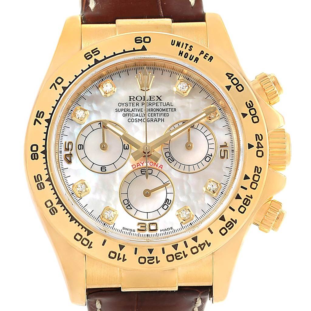 This image shows a Rolex Daytona 116518 Men's Stainless Steel Mother of Pearl Dial 116518 Men's Stainless Steel Mother of Pearl Dial watch with a gold case, chronograph subdials, mother of pearl face, and a brown leather strap from the front angle.