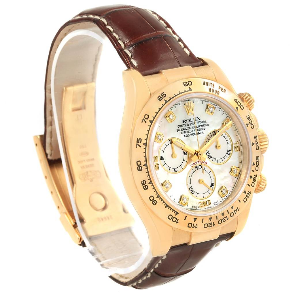 The Rolex Daytona 116518 Men's Stainless Steel Mother of Pearl Dial 116518 Men's Stainless Steel Mother of Pearl Dial watch is shown at an angled view, displaying its face, bezel, crown, and leather strap.