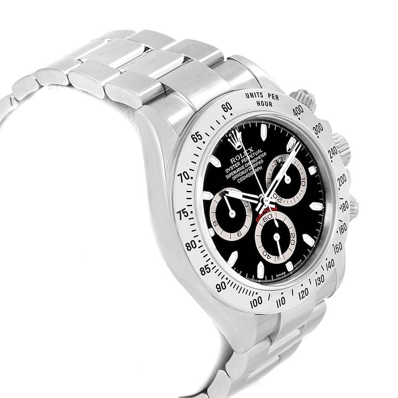 The Rolex Daytona watch is shown at a three-quarter angle, highlighting its face, bezel, chronograph subdials, and metal bracelet.