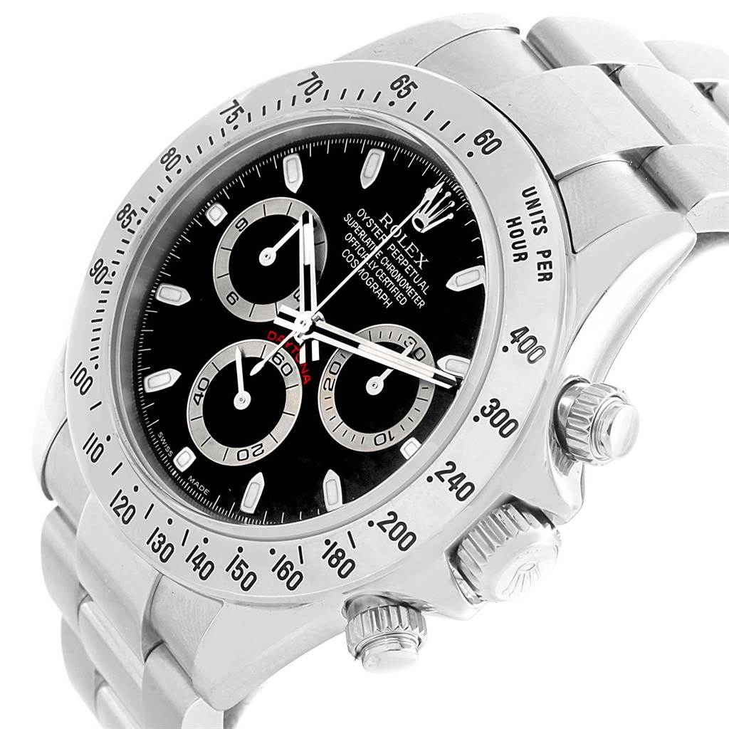 The image shows a close-up view of a Rolex Daytona 116520 Men's Stainless Steel Black Dial 116520 Men's Stainless Steel Black Dial watch, highlighting the bezel, dial, subdials, and crown.