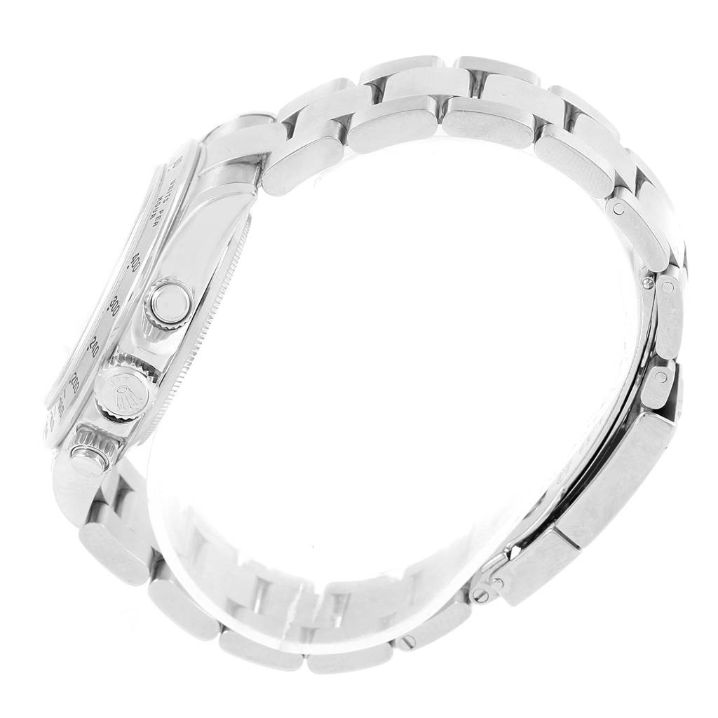 This image shows a Rolex Daytona 116520 Men's Stainless Steel Black Dial 116520 Men's Stainless Steel Black Dial watch from a side angle, highlighting the crown, pushers, and bracelet.