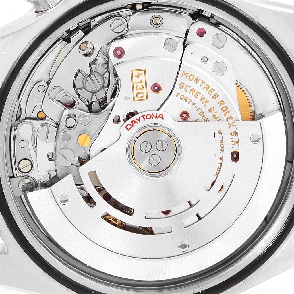 This image shows the internal mechanism and rotor of a Rolex Daytona 116520 Men's Stainless Steel Black Dial 116520 Men's Stainless Steel Black Dial watch from a close-up angle.