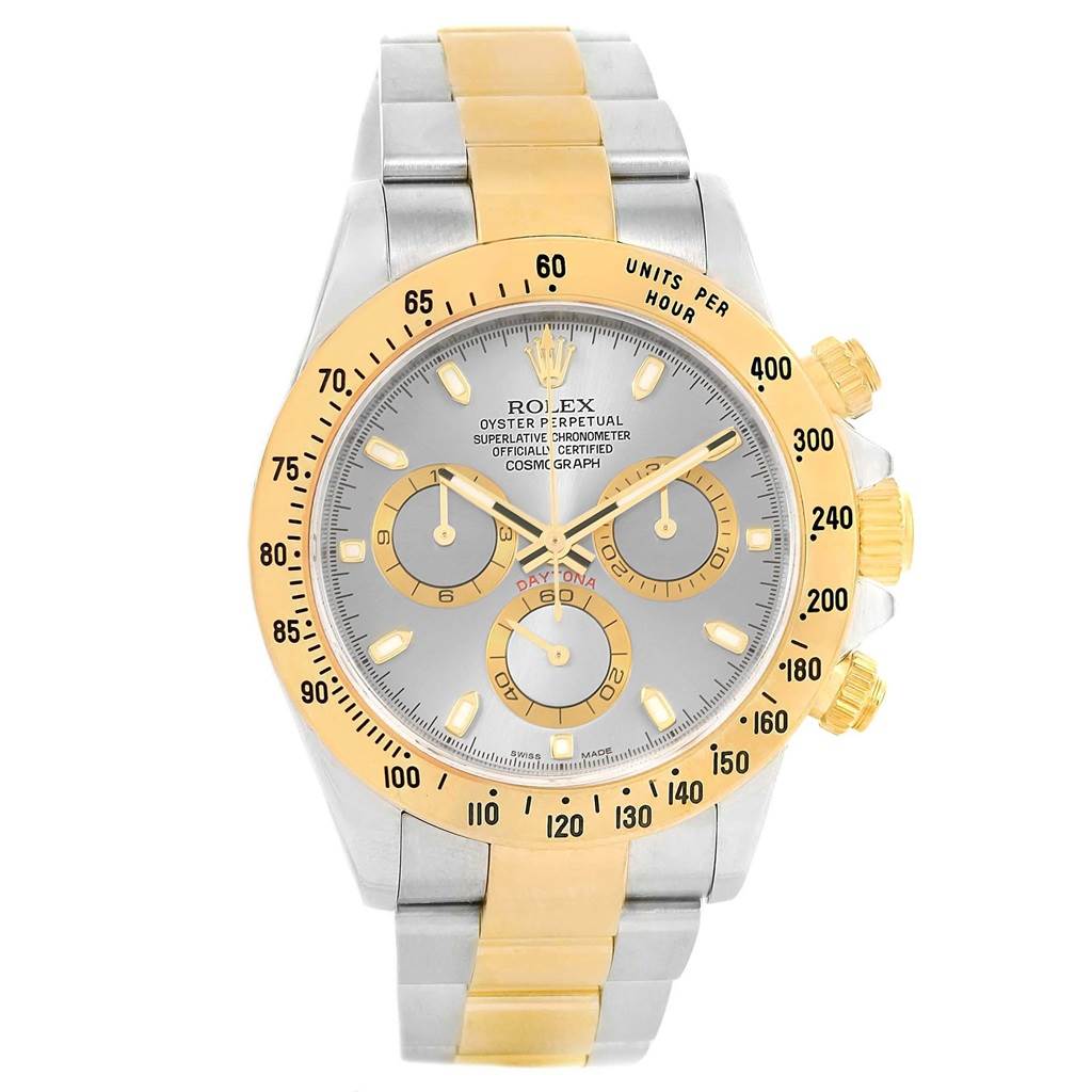 This image shows a front view of a Rolex Daytona 116523 Men's Stainless Steel Grey Dial 116523 Men's Stainless Steel Grey Dial watch with a two-tone metal bracelet and bezel.