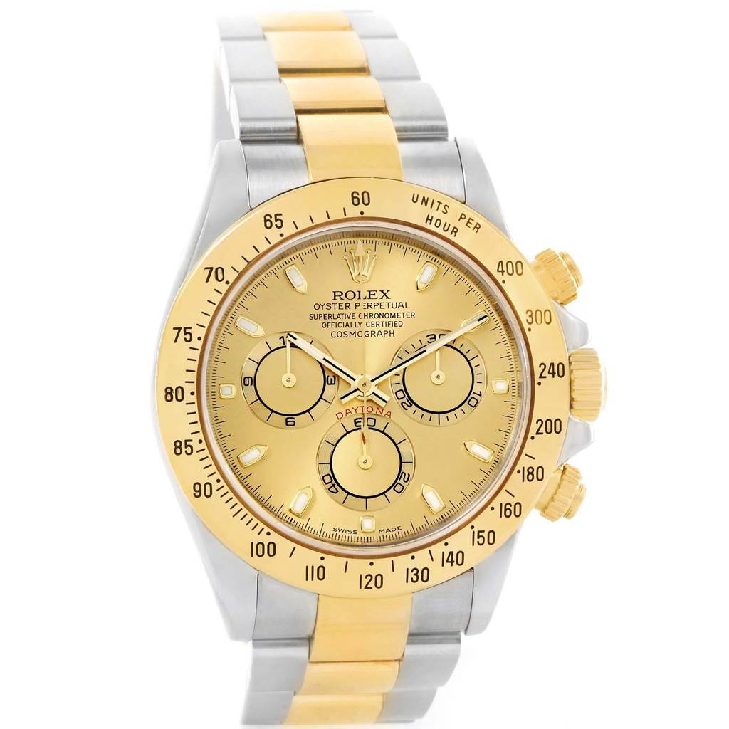 The image shows a front view of the Rolex Daytona 116523 Men's Steel and Gold (two tone) Champagne Dial 116523 Men's Steel and Gold (two tone) Champagne Dial watch, highlighting its gold dial, bezel, and two-tone bracelet.