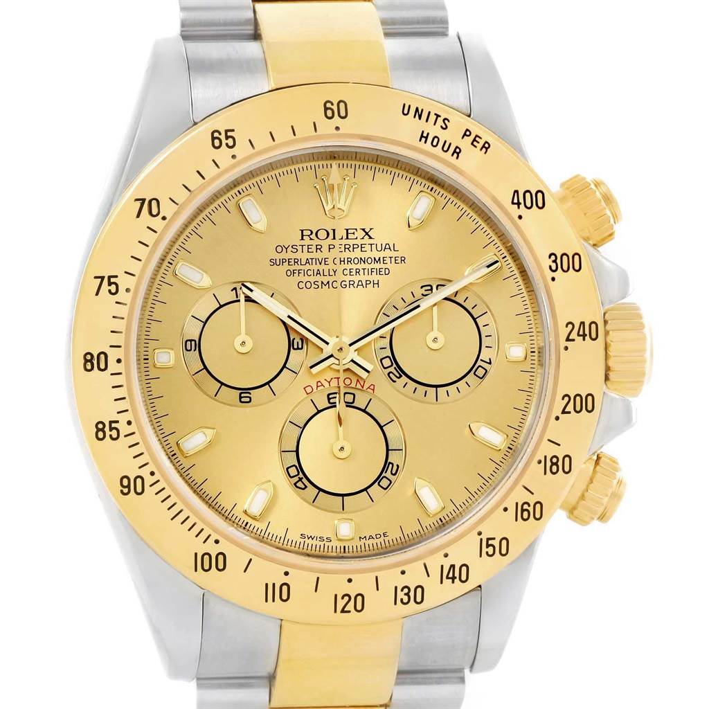 This image shows a front-facing view of the Rolex Daytona 116523 Men's Steel and Gold (two tone) Champagne Dial 116523 Men's Steel and Gold (two tone) Champagne Dial watch, highlighting its gold and silver design, chronographs, and bezel.